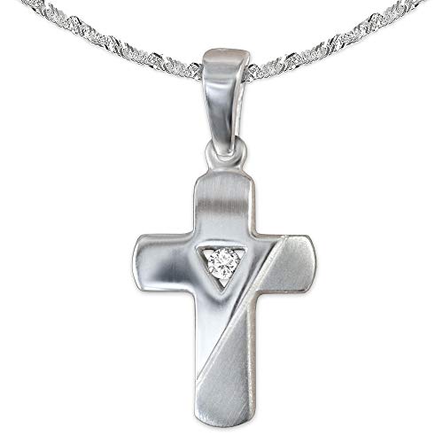 Clever Gioielli Pendentif en forme de petite croix avec zircon, motif triangle, mat et brillant et chaîne Singapour de 40 cm, tous deux en argent 925 pour enfants (F)