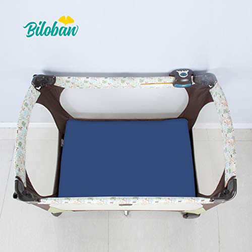 Biloban Pack and Play Sheets Fitted, 2 Pack Pack and Play Sheet Fits for Graco Pack n Play Mattress, Neutral Playard Sheets for Baby Boys and Girl, White & Navy Blue, 38”X 26”