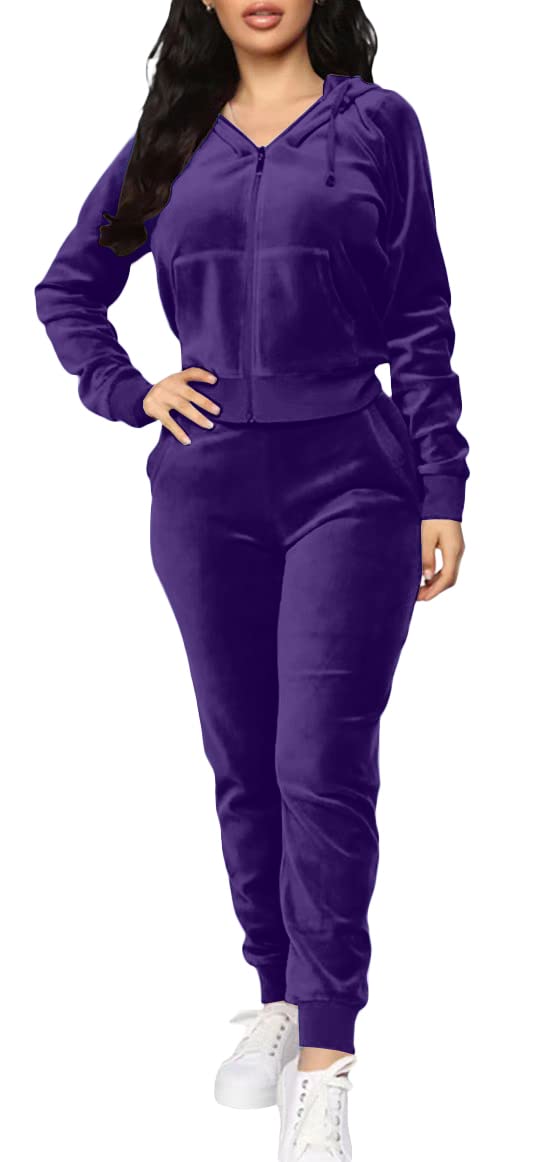 TOPONSKY Velour Tracksuit Women 2 Piece Velvet Zip Hoodie Sweatsuit Pockets