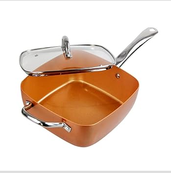 Shoprub Aluminum 5 Piece Set Chef Cookware, Non Stick Pan, Deep Square Pan, Fry Basket, Steamer Tray, Dishwasher & Oven Safe, 5 Quart Copper Pot Set