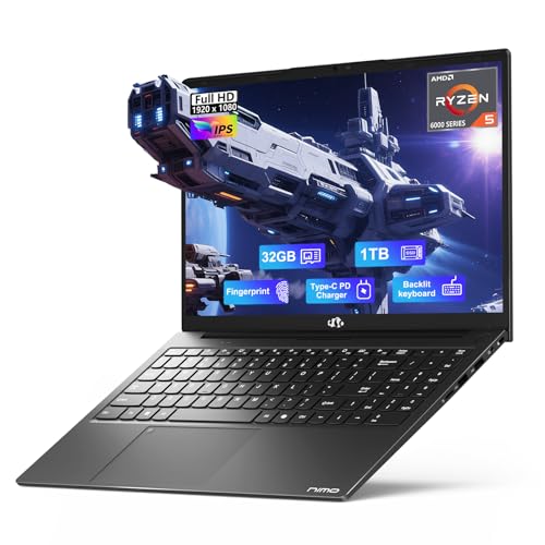NIMO 15.6 FHD-Business-Gaming-Laptop, 6-Cores 660M GPU, AMD Ryzen 5 6600H 32GB DDR5 1TB SSD (Beat i5-12450H, Up to 4.5GHz) IPS Laptop Computer with 100W Type C Fingerprint Backlit Keyboard Win 11