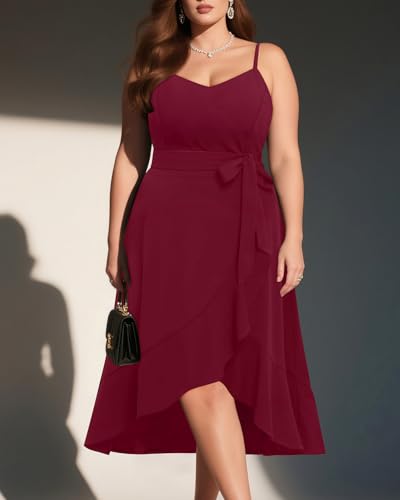 Image of Pinup Fashion Plus Size Cocktail Party Wedding Guest Semi Formal Midi Dress | Sexy V-neck, adjustable spaghetti strap, belted waist, fit and flare, flowy high-low ruffle hem, ideal for prom, homecoming