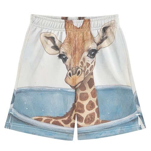 YYZZH Watercolor Giraffe Baby in Tub Boy Casual Shorts Athletic Shorts Pants with Pockets Multi
