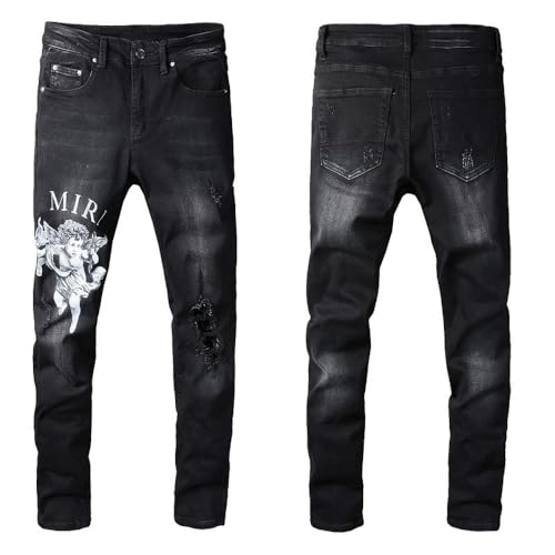 Men's Letter Angel Digital Printing Jeans Denim Cotton Black Pants Trousers 817