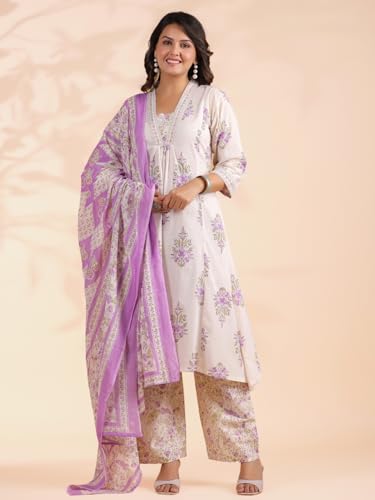 Image of Vbuyz Women Floral Print With Mirror Work Cotton Kurta Palazzo With Dupatta