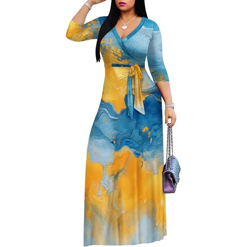 Image of PinkPatty Women's Print Maxi Dresses 3 /4 Sleeve Flowy Long Dress V Neck Wrap Tie Waist Sundress
