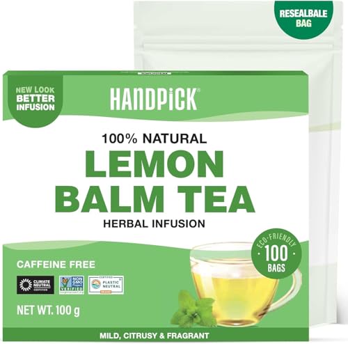 HANDPICK Lemon Balm Tea Bags 100 Count | Caffeine-Free Herbal Tea with Citrus Flavor & Aroma | Pure Lemon Balm Leaves