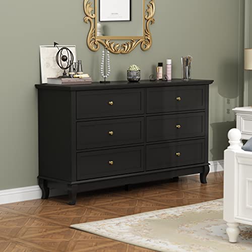 Image of ECACAD Modern Storage Dresser with 6 Drawers, Wood Double Dresser Chest of Drawers with Gold Handles for Bedroom, Living Room, Black (55.11”W x 15.74”D x 31.49”H)