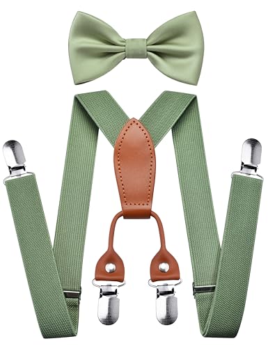 Branduce Dark Sage Green Baby Boy Bow tie and Suspender Set with 4 Strong Clips Adjustable Kids Y Back Suspenders (SS02-51)