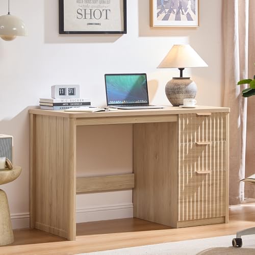 Joaxswe 48' Modern Fluted Executive Desk with Storage Cabinet, Natural Wood Home Office Desk with File Drawer & Metal Handles, Large Computer Writing Table for Office,Study, Living Room, Bedroom
