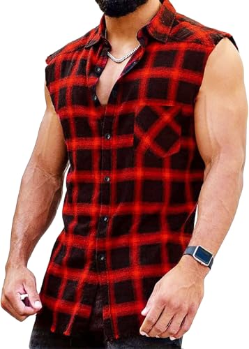 Sleeveless Flannel Shirt Men Casual Plaid Button Down Shirts Vest