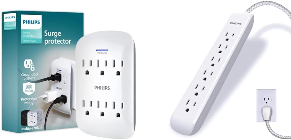 Philips 6-Outlet Extender Surge Protector, Wall Tap, ETL Listed, White, SPP3461WA/37 & Philips 6 Outlet Power Strip Surge Protector, 6 Ft Power Cord, Designer Braided Extension Cord, White