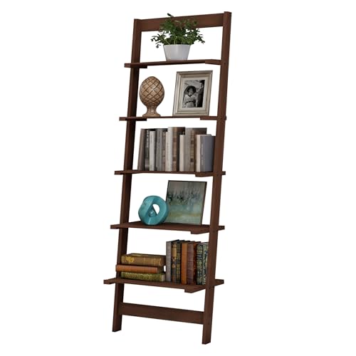 5-Tier Ladder Shelf - 50-Inch Narrow Leaning Bookshelf - Wooden Bookcase for Living Room, Bathroom, Kitchen, Office, or Bedroom Furniture by Lavish Home (Walnut)