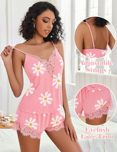 Image of Avidlove Women Pajama Set Lace Trim Short PJ Set Modal V Neck Sleeveless Sleepwear Drawstring Waist Nightwear S-XXL