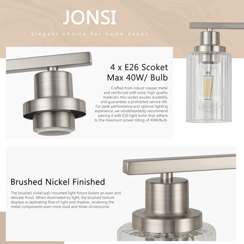 Image of Jonsi Brushed Nickel Bathroom Light Fixtures, 4-Light Brushed Nickel Vanity Light, Bathroom Vanity Light with Stripe Glass Shade, E26 Wall Sconces Over Mirror for Bathroom, Living Room, Hallway