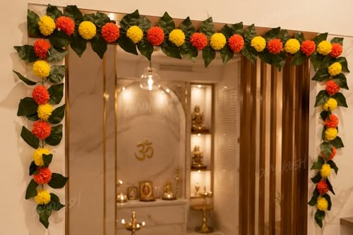 Image of Divyakosh Mango Leaf Vine /Creeper with Marigold Flowers for Door Entrance Decor, 80 Inch Artificial Floral Thoran /Bandarwal /Galrand, Festive Hanging for Diwali Pooja Ganpati Navratri Home
