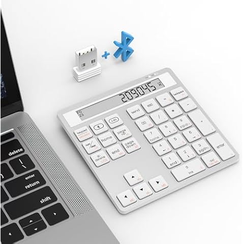 Bluetooth Number Pad - 2.4G Wireless Numeric Keypad with Display Calculator - Wireless Number Pad Slim 34-Key Portable Financial Accounting Numpad Data Entry &Calculation 2in1 for Laptop Desktop White Cover