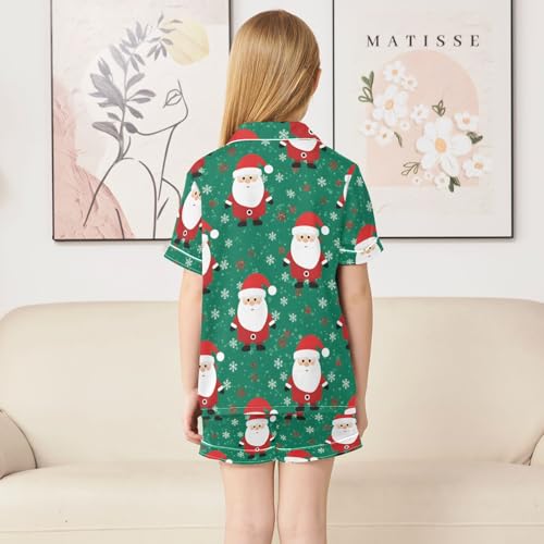 Satin Pajama Sets Short Sleeve Santa Claus on Green Background Button Down Silky Nightwear 2 Piece PJS 5-14Y4