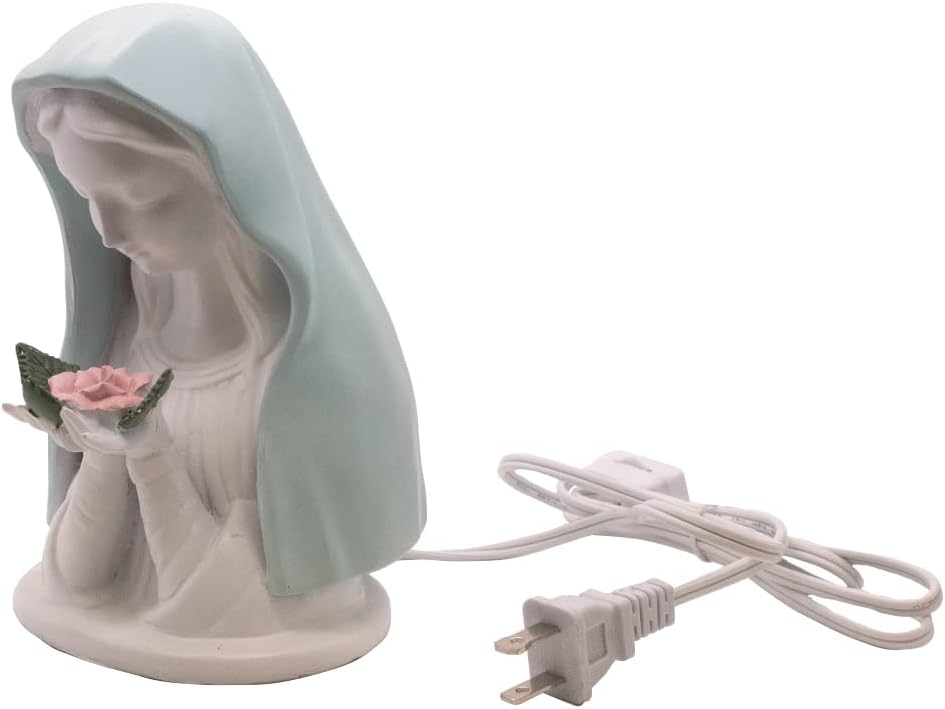 VILLAGE GIFT IMPORTERS Blue Madonna with Rose Night Light | Small Catholic Table Lamp | Blessed Mother in Blue Veil Holding a Pink Rose | Emits Soothing Warm Light | Catholic Home Decoration