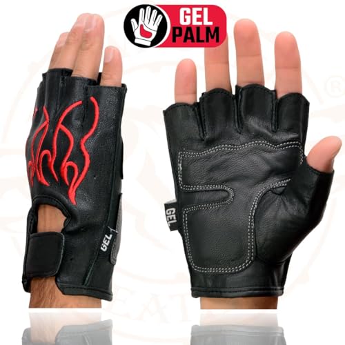 Image of Milwaukee Leather SH198 Men's Black Flame Embroidered Fingerless Gloves with Gel Palm | Padded Comfort; Vibration Relief; Flame Embroidery