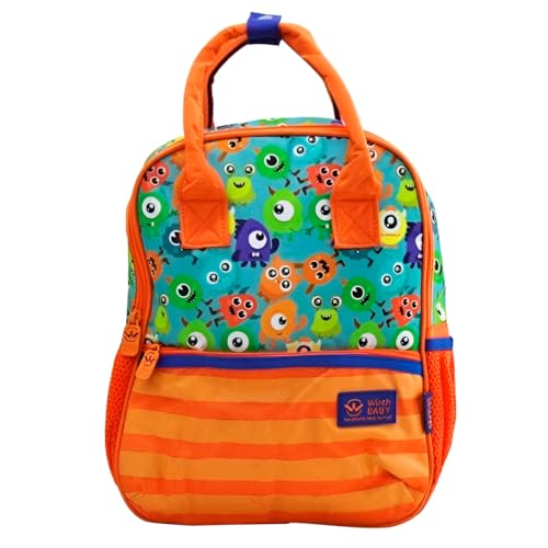 Mochila Infantil com Estampa de Monstrinhos, 18L, Laranja, 25,5 x 23 x 10 cm, Alças Ajustáveis