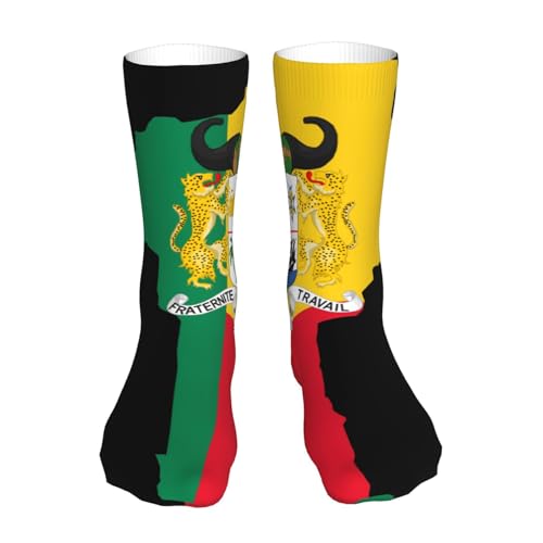 Carte du drapeau du Bénin 3 emblème national du Bénin Chaussettes amusantes pour hommes Chaussettes de sport unisexes à motifs imprimés en 3D Cool Funky 16 pouces