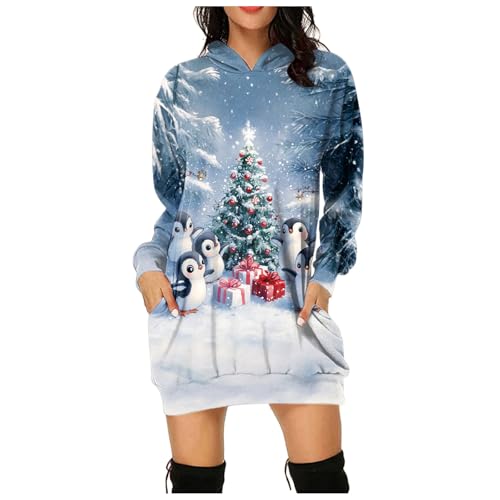 Generisch Weihnachtskleid Damen Hoody Damen Kleid Motiv 3D Gedruckt Kapuzenpullover Elegante Weihnachts Damenkleid Pullover Sweatshirt Mit Taschen...