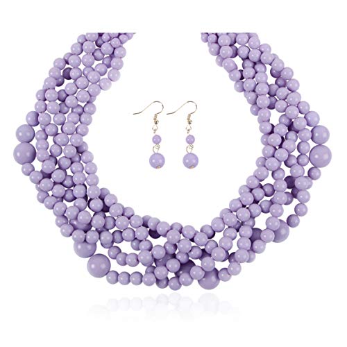 RIAH FASHION Braided Chunky Cluster Bead Bubble Statement Necklace - Multi Strand Twisted Colorful Twisted Ball Hammock Bib Collar Acrylic, Sparkly Crystal (Twisted Bauble - Lavender)