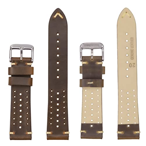 Rally Racing Leather Watch Bands EACHE Perforated 20mm Leather Watch Straps Oil Waxed Leather Straps Retro Brown