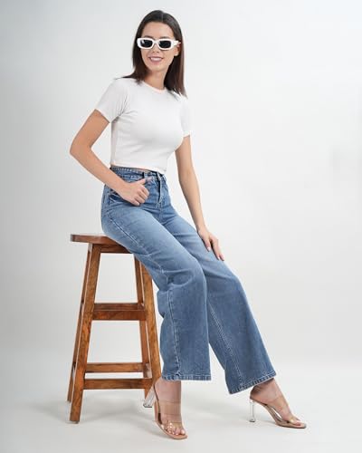 Image of Women's High Waist Wide Leg Jeans, Light Blue Denim, Stretchable Relaxed Fit