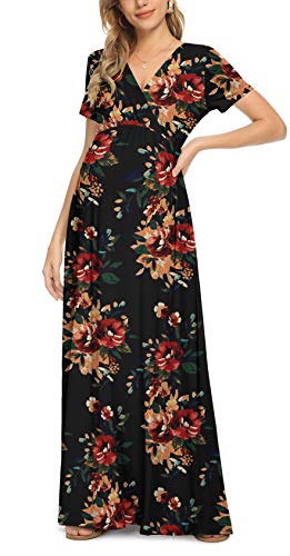 Xpenyo Women's Floral Maternity Dresses Summer Casual Short Sleeve V Neck Wrap Long Maxi Dress Pregnancy Clothes for Baby Shower, Photoshoot, Party, Daily, Nursing, Brown Flower Black XL