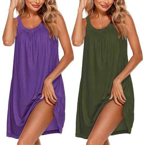 Image of Ekouaer 2 Pack Nightgowns for Women Sleeveless O Neck Pleated Sleep Shirt