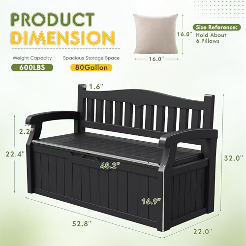 Image of Greesum 80 Gallon Storage Bench Outdoor Deck Box with Armrest, Black
