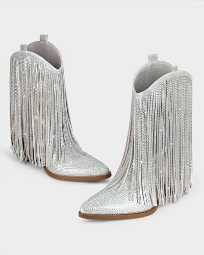 Image of Cowboy Boots for Women - Cowgirl Western Rhinestone Sparkly Fringe Chunky Heel Pointed Toe Mid Calf Boots