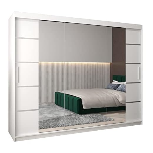 ABIKSMEBLE Verona 4 250 Armadio con Tre Ante Scorrevoli per Camera da Letto - Armadio Moderno con Specchio, Appendiabiti e Ripiani - 250x200x62 cm - Bianco Opaco