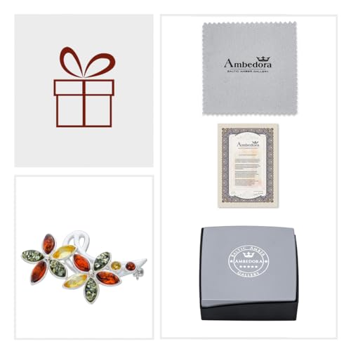 Image of Women's Brooch Colourful Flowers III with Amber, Polished Sterling Silver, Baltic Natural Amber in Three Colours, A Gift for Any Occasion