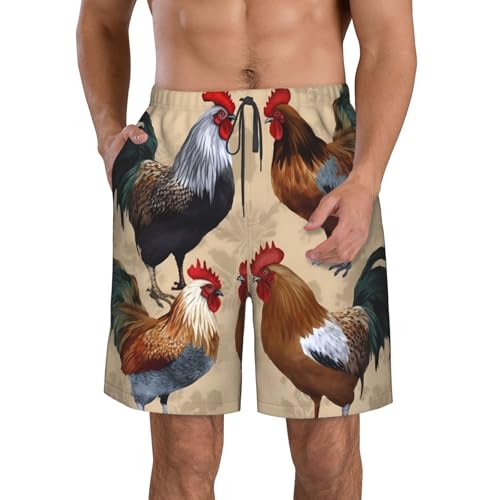 Rooster and Chicken Print Men's Swim Trunks Quick Dry Board Shorts with Pockets Casual Drawstring Beach Shorts
