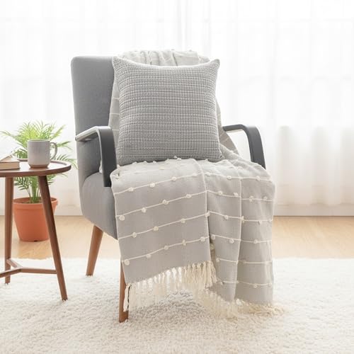 Image of SAJAVAT HOME Soft Cotton 3 Seater Sofa Throw with Cushion Cover | 80x52 Inches (204x132 Cm) | Hand-Knitted Grey Throw & Grey Cushion18x18 for Sofa, Bed, Chair & Travel | Pack of 1