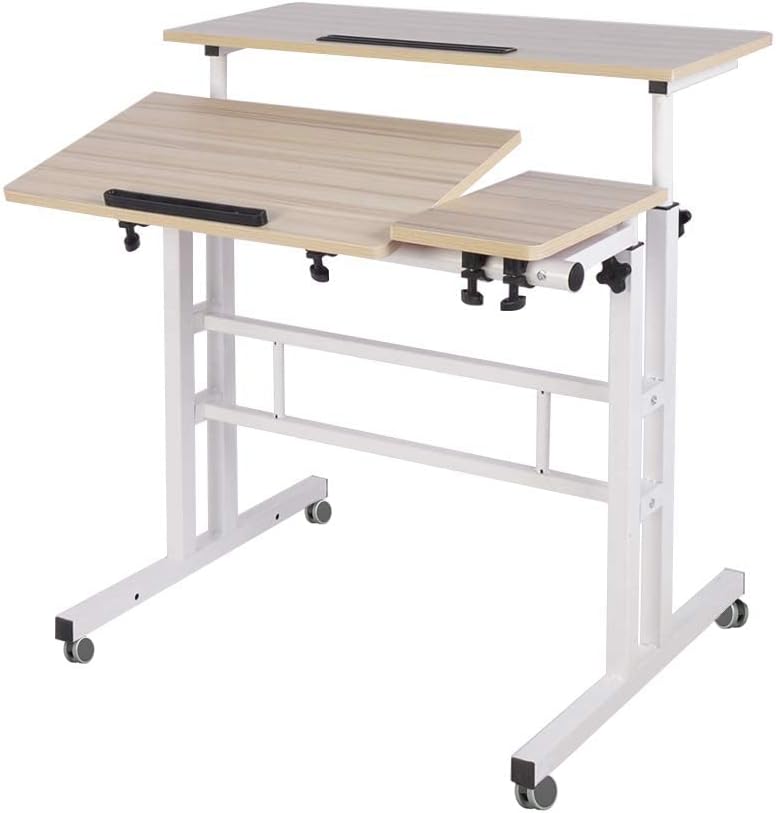 soges Rolling Standing Desk Height Adjustable, 31.5 inch Mobile Stand Up Computer Desk, Sit-Stand Tiltable Top Desk Laptop Stand for Small Spaces, Tall Table for Standing or Sitting, Maple