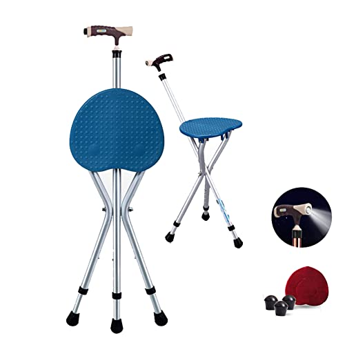 Folding Cane Seat With Bright Led Light Height Adjustment 300 Lbs Capacity Walking Stick Combo Chairs Stool Deluxe Massage Crutches Seat Aluminum Lightweight Travel Aid For Elder Parents Gift (Blue) #TOP1
