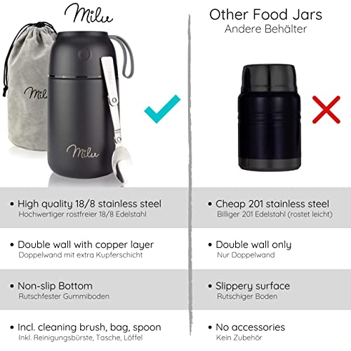 Image of Milu Thermal Food Container 650 ml, Stainless Steel Warming Container with Spoon, Thermal Food Mug, Thermal Lunch Box for Children, Adults, Thermal Box Soups, Baby Porridge, Food Container Black, 650