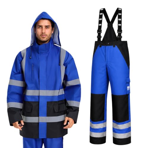 Image of 3-Piece Hi-Vis Rain Suit, Safety Jacket with Hood & Bib Overalls