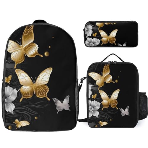 3 Piece Backpack for Women Men Lightweight Causal Daypack Shoulder Bag Set with Insulated Lunch Bag And Pencil Case Organizers Gold White Butterflies Black