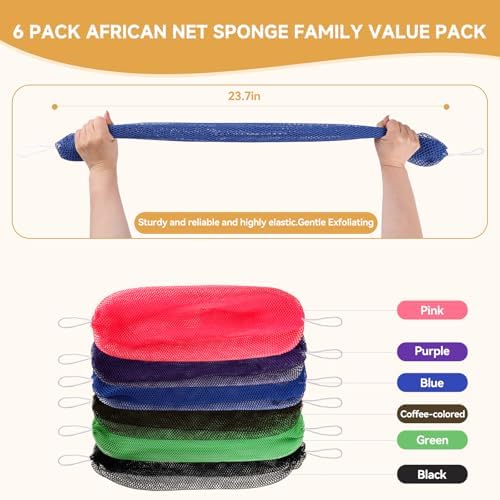 GLOBECARRY African Net Sponge 6Pk Long Multi Color Exfoliating Body Scrub