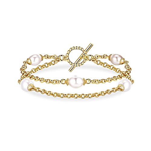 Gold Double Layered Pearl Bracelets for Women, 14K Real Yellow Gold Plated Dainty Pearls Bracelet