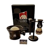 G.B.S Men's Grooming Set - Double Edge Safety Razor Rubber Coated Butterfly Non-Slip Long Razor, All-Natural Soap, Synthetic Brush Stand, Ceramic Mug, Includes 15 DE Blades.