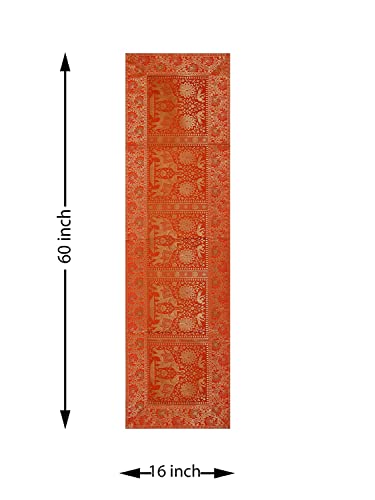Image of E-Ezra Silk Banarsi Brocade Traditional Table Runner for Dining Table 4 & 6 Seater Table Cloth Rectangle Coffee Table Cloth / 152 cm (Orange)