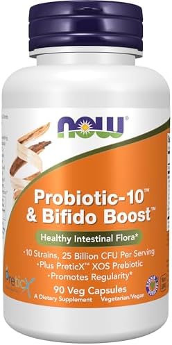 NOW Foods Supplements, Probiotic-10™ & Bifido Boost™ with 10 Strains, 25 Billion CFU Per Serving, plus PreticX™ XOS Prebiotic, 90 Veg Capsules