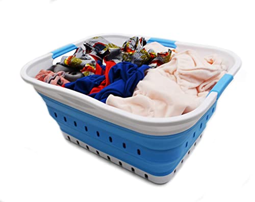 Image of SAMMART 42L (11 gallon) Collapsible Plastic Laundry Basket - Foldable Pop Up Storage Container /Organizer - Space Saving Hamper /Basket (1, White /Marine Blue)