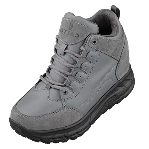 CALTO Men's Invisible Height Increasing Elevator Shoes - Grey Lace-up High-Top Hiking Style Sneaker Boots - 4 Inches Taller - S22799 - Size 10 D(M) US